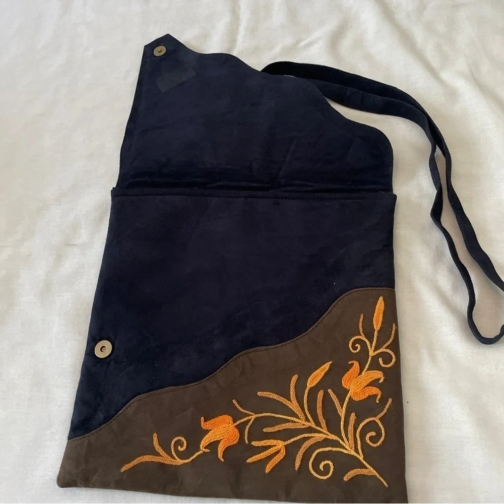 Boho Crossbody‎ Handbag Suede-Feel Embroidered Navy & Orange Floral